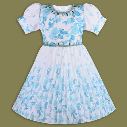 Girls Floral Print Bead Embellished Flared Party Dress