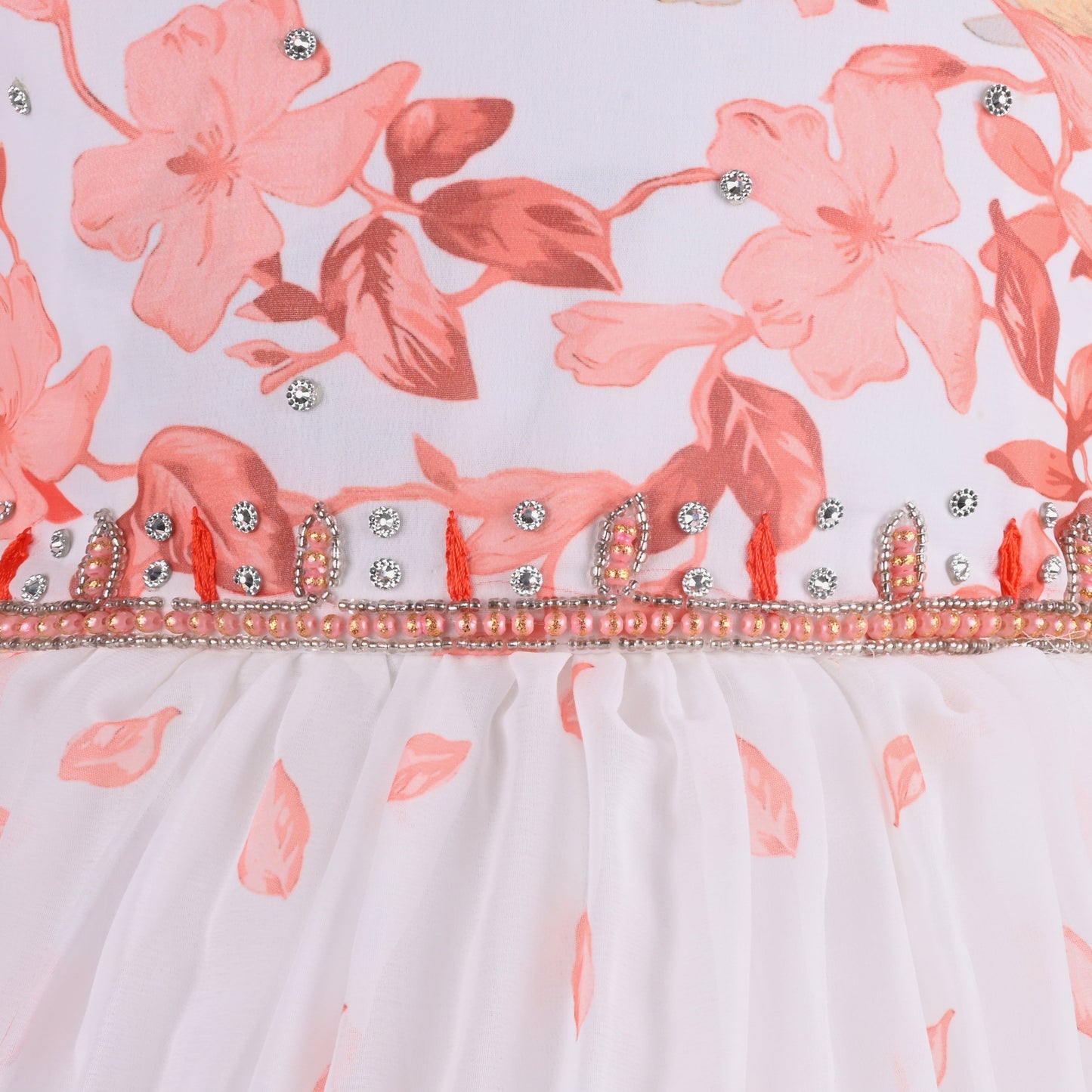 Girls Floral Print Bead Embellished Flared Party Dress
