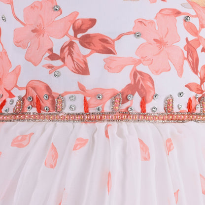 Girls Floral Print Bead Embellished Flared Party Dress