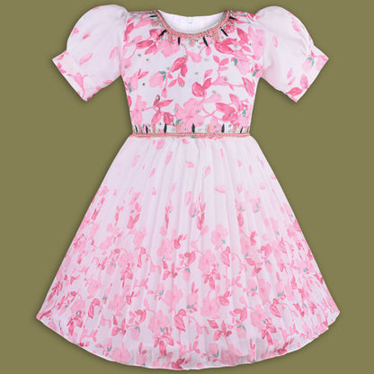Girls Floral Print Bead Embellished Flared Party Dress
