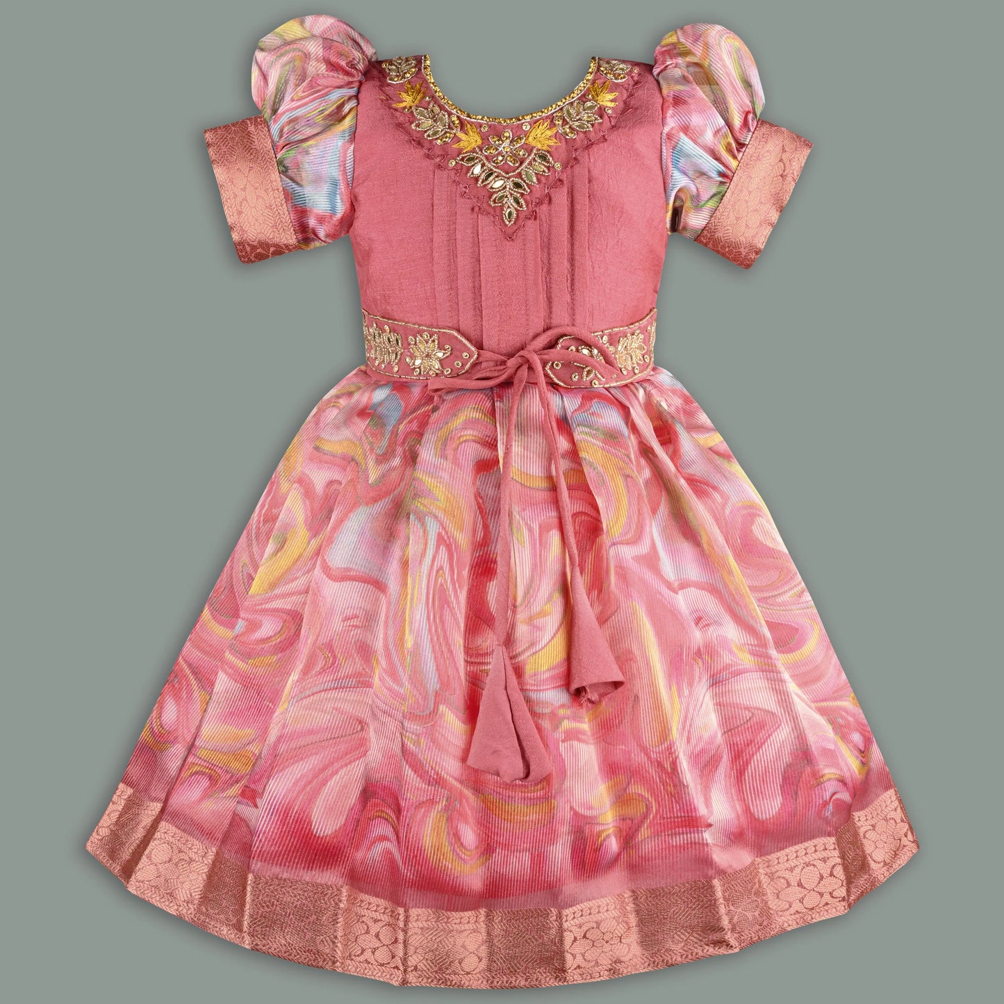 Girls Floral Bead Embellished Puff Sleeve Ethnic Dress -1