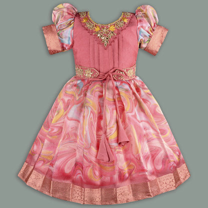 Girls Floral Bead Embellished Puff Sleeve Ethnic Dress