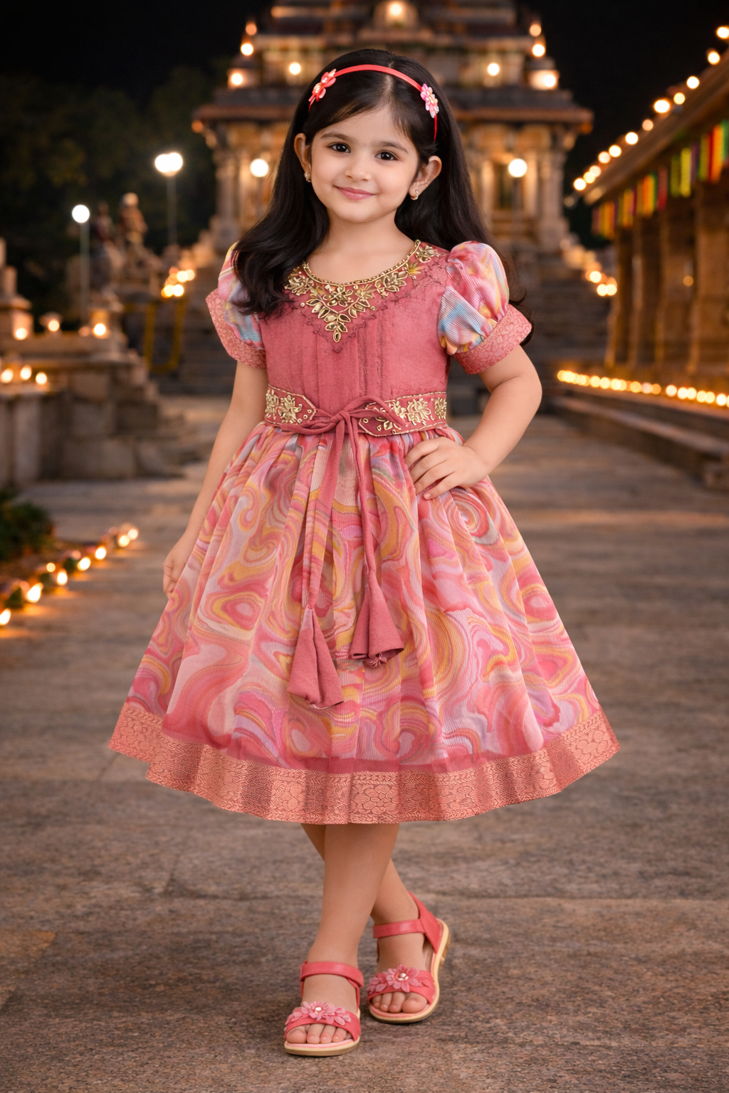 Girls Floral Bead Embellished Puff Sleeve Ethnic Dress -1