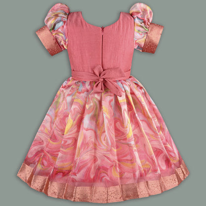 Girls Floral Bead Embellished Puff Sleeve Ethnic Dress