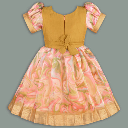 Girls Floral Bead Embellished Puff Sleeve Ethnic Dress -1