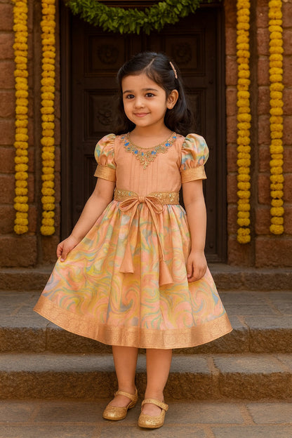 Girls Floral Bead Embellished Puff Sleeve Ethnic Dress