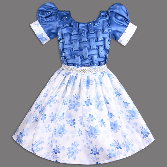 Girls Satin Party Dress with Smocked Bodice and Floral Skirt
