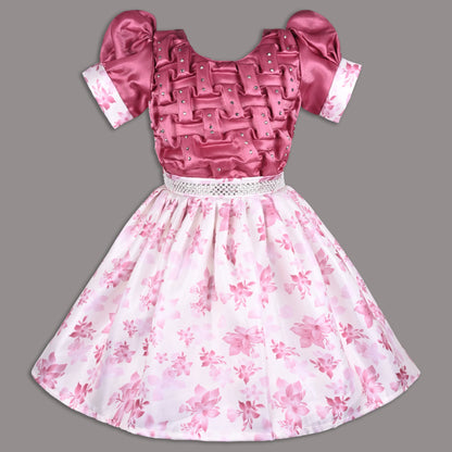 Girls Satin Party Dress with Smocked Bodice & Floral Skirt