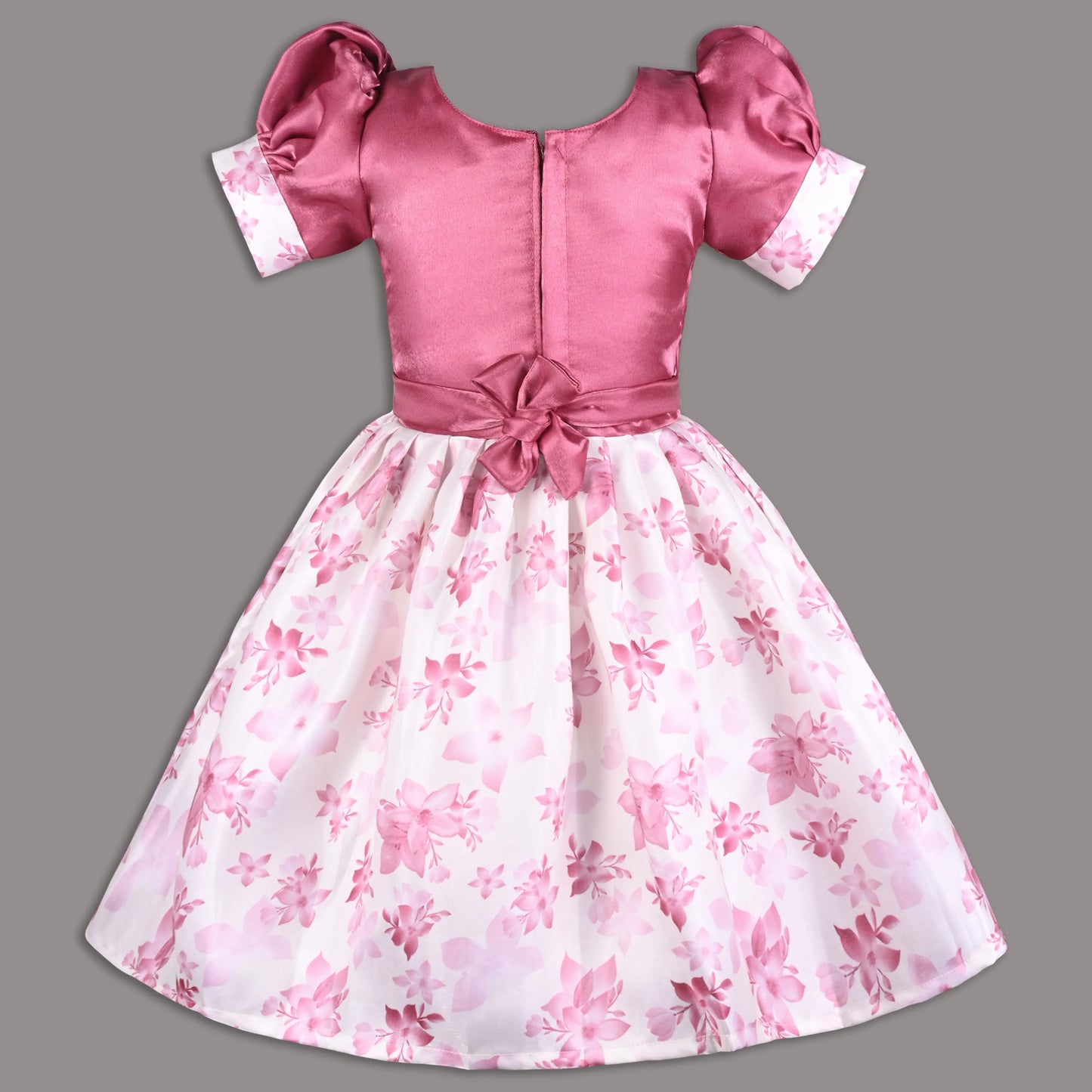 Girls Satin Party Dress with Smocked Bodice & Floral Skirt