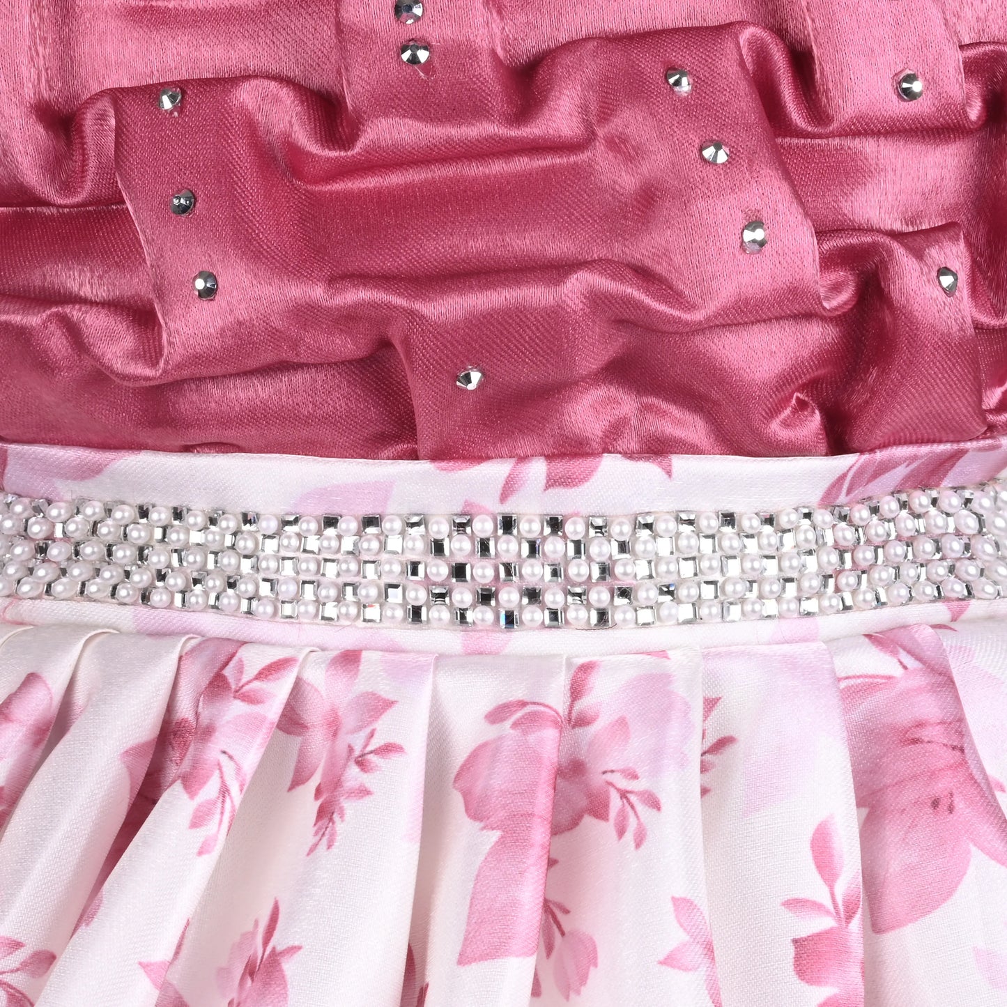 Girls Satin Party Dress with Smocked Bodice & Floral Skirt