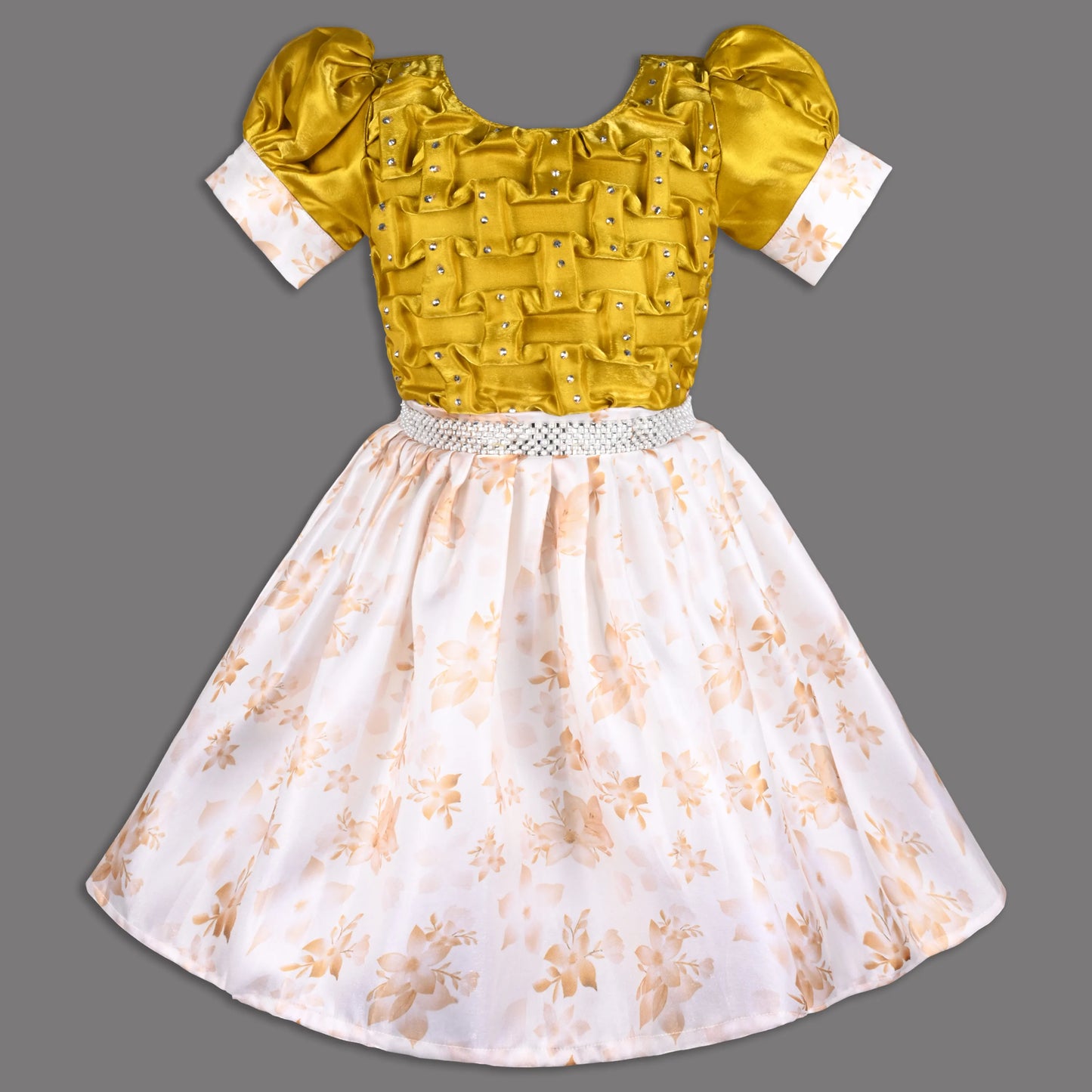 Girls Satin Party Dress with Smocked Bodice & Floral Skirt