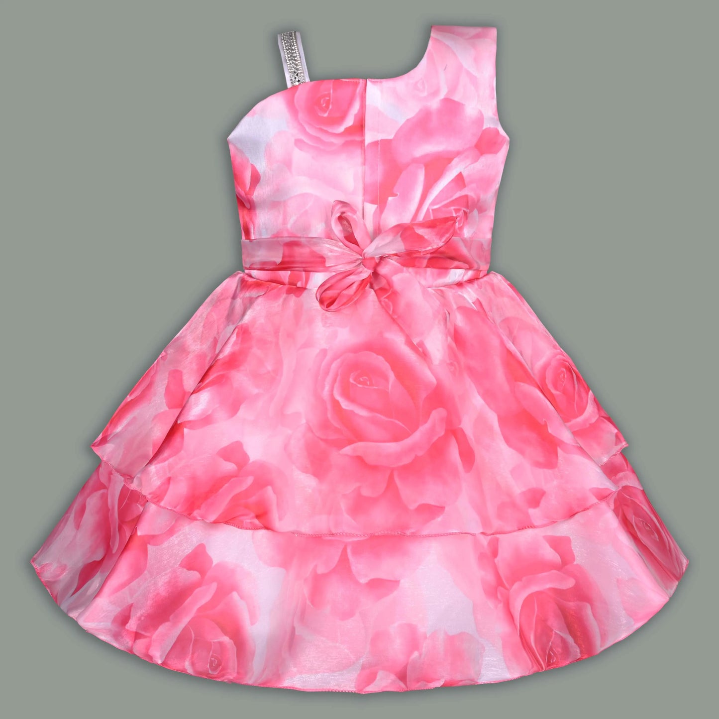 Girls Pink Floral Printed Satin Party Wear Dress with Layered Flare & Floral Waist Embellishment