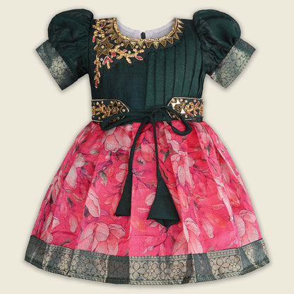 Girls Bead Embellished Floral Zari Ethnic Dress fep3529