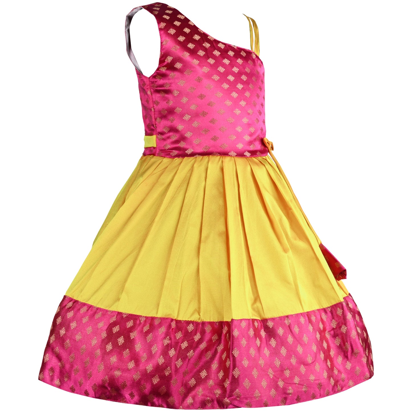 Girls One Shoulder Satin Flared Ethnic Dress