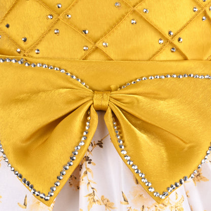 Girls Yellow Satin Party Dress with Floral Print & Bow Design