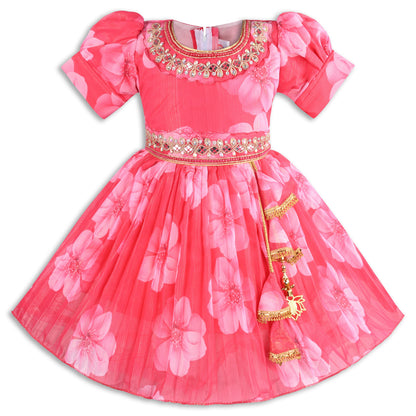 Georgette Party Dress for Girls â€“ Embroidered Neckline, Puff Sleeves & Floral Print Design