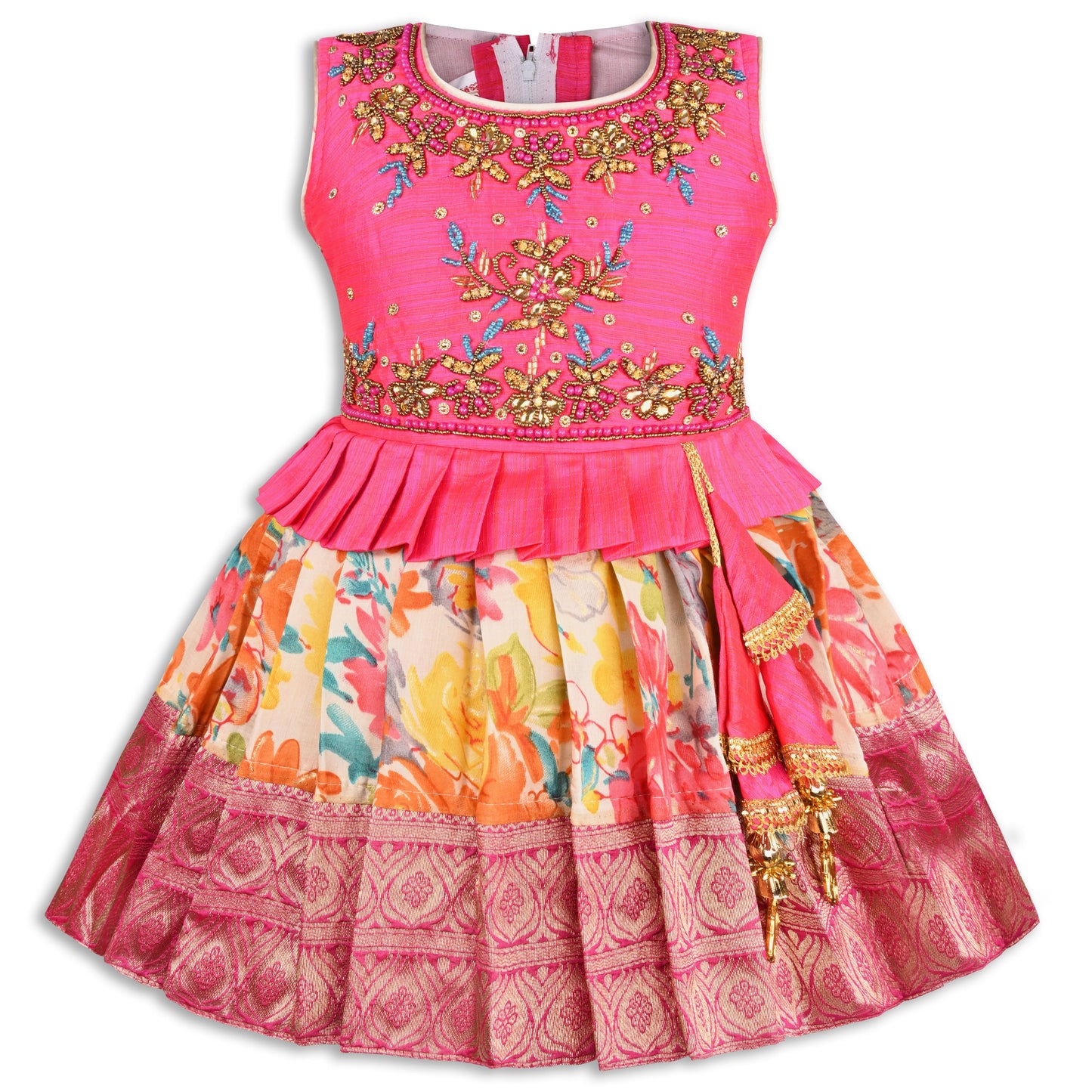 Girls Art Silk Embroidered Party Wear Frock â€“ Sleeveless Floral & Zari Pattern Dress