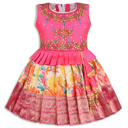 Girls Art Silk Embroidered Party Wear Frock â€“ Sleeveless Floral & Zari Pattern Dress