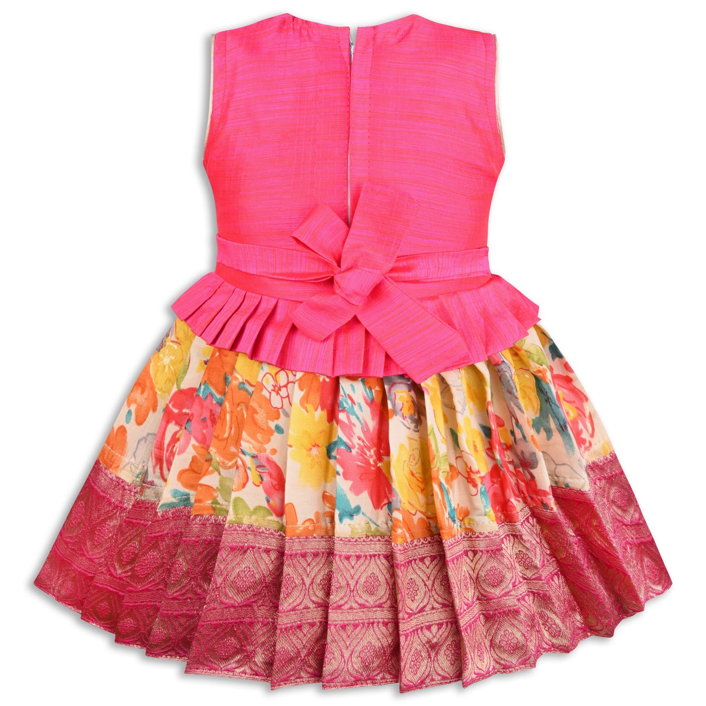 Girls Art Silk Embroidered Party Wear Frock â€“ Sleeveless Floral & Zari Pattern Dress