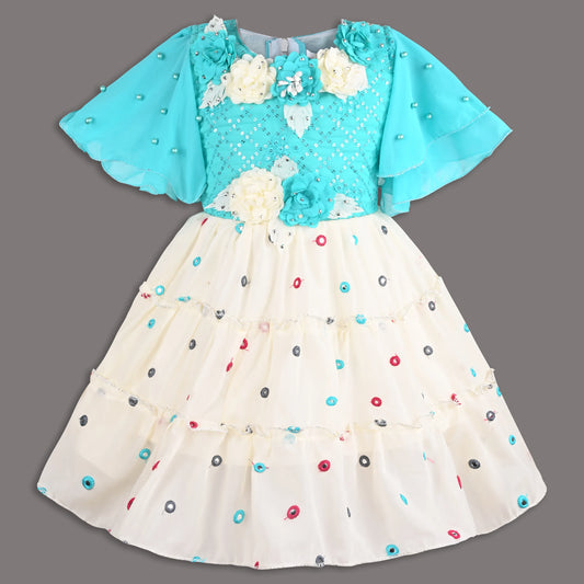 Girls Georgette Party Dress with Floral Applique Layered Skirt