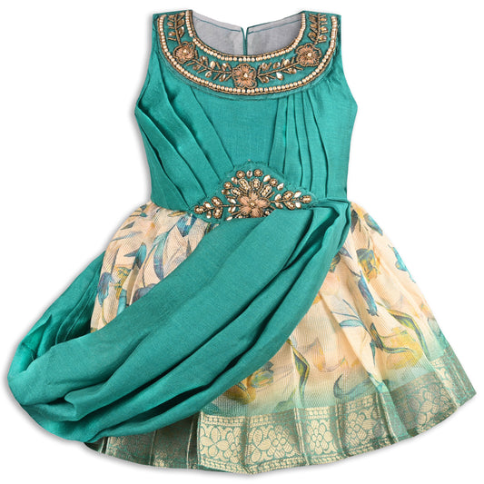Girls Satin Party Dress with Embroidered Neck and Floral Skirt