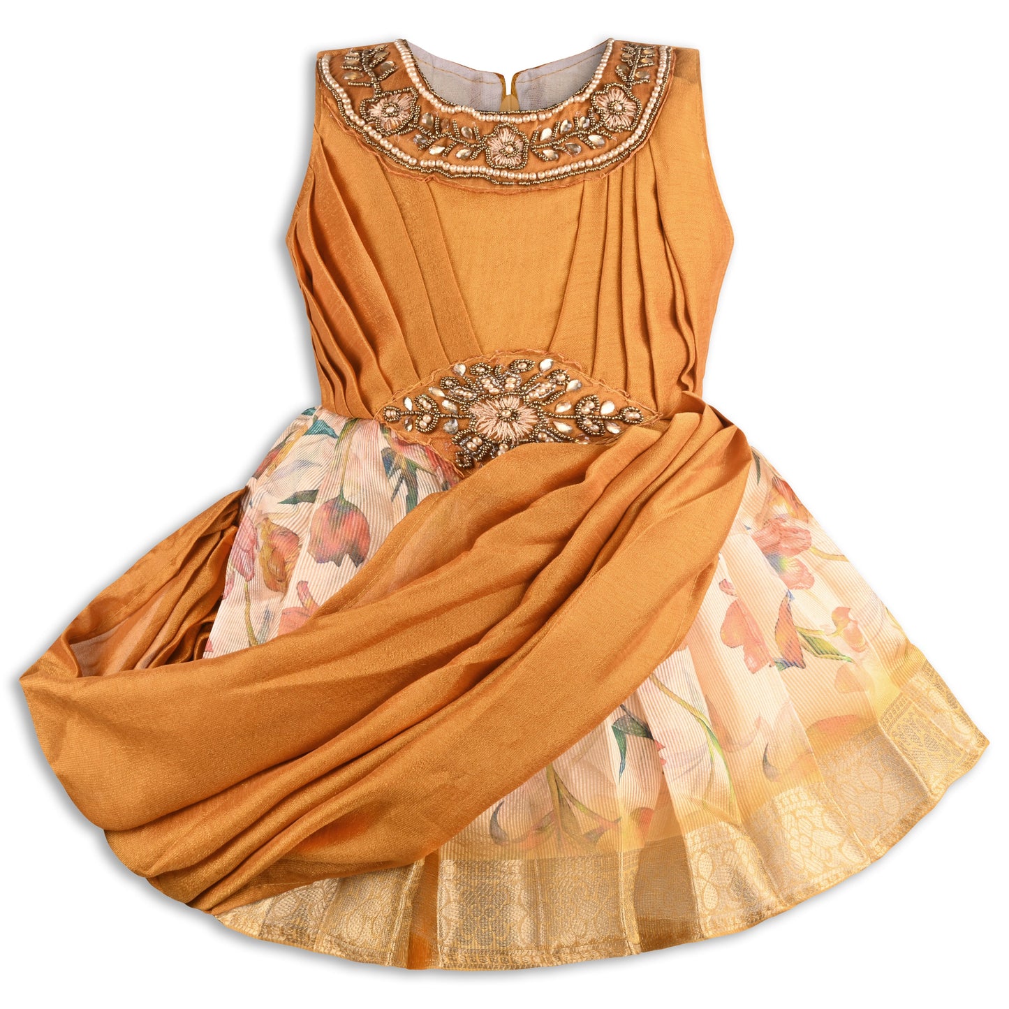 Girls Satin Party Dress with Embroidered Neck & Floral Print Skirt