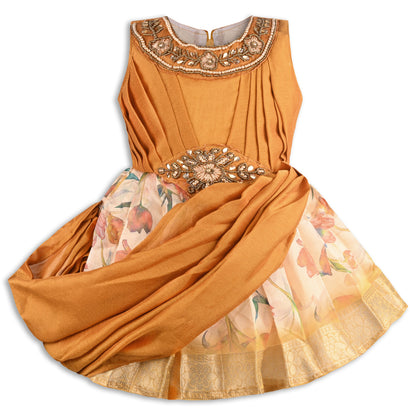 Girls Satin Party Dress with Embroidered Neck & Floral Print Skirt