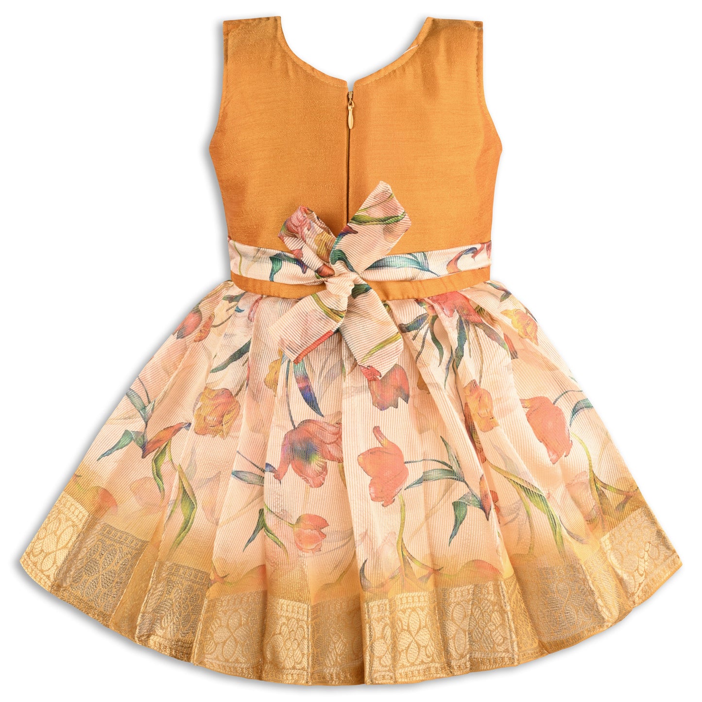 Girls Satin Party Dress with Embroidered Neck & Floral Print Skirt