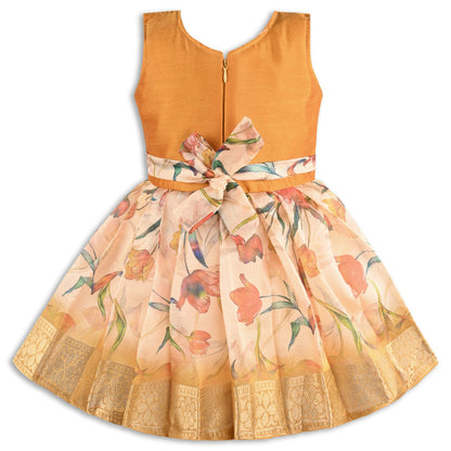 Girls Satin Party Dress with Embroidered Neck & Floral Print Skirt