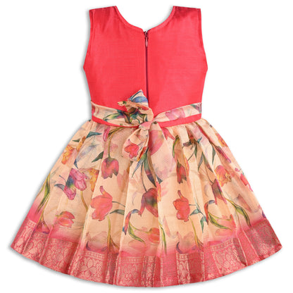 Girls Satin Party Dress with Embroidered Neck & Floral Print Skirt