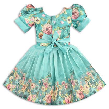 Baby Girls Satin Party Wear Dress | Floral Printed Frock with Heavy Neck Embroidery & Puff Sleeves | Wedding & Birthday Outfit
