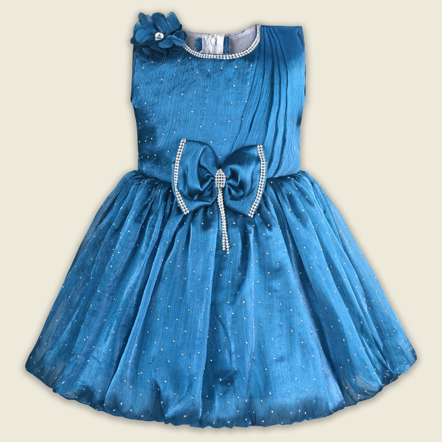 Baby Girls Chiffon Party Wear Dress | Pearl-Studded Frock with Big Bow & Flower Applique | Birthday & Festive Outfit