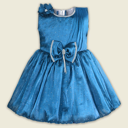 Baby Girls Chiffon Party Wear Dress | Pearl-Studded Frock with Big Bow & Flower Applique | Birthday & Festive Outfit