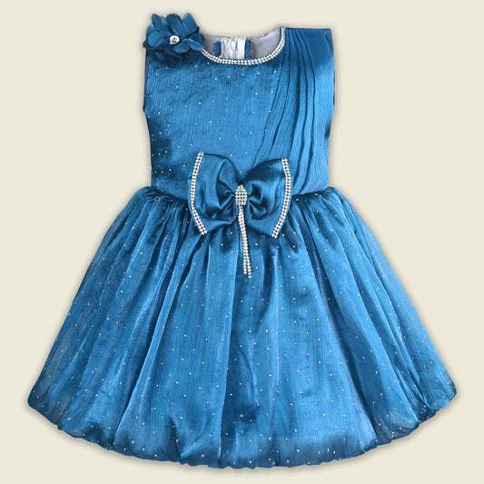 Baby Girls Chiffon Party Wear Dress | Pearl-Studded Frock with Big Bow & Flower Applique | Birthday & Festive Outfit