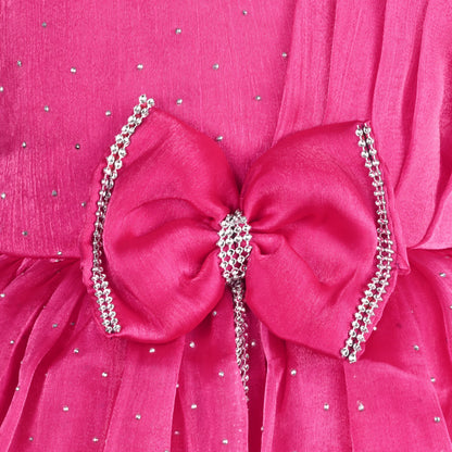 Baby Girls Chiffon Party Wear Dress | Pearl-Studded Frock with Big Bow & Flower Applique | Birthday & Festive Outfit