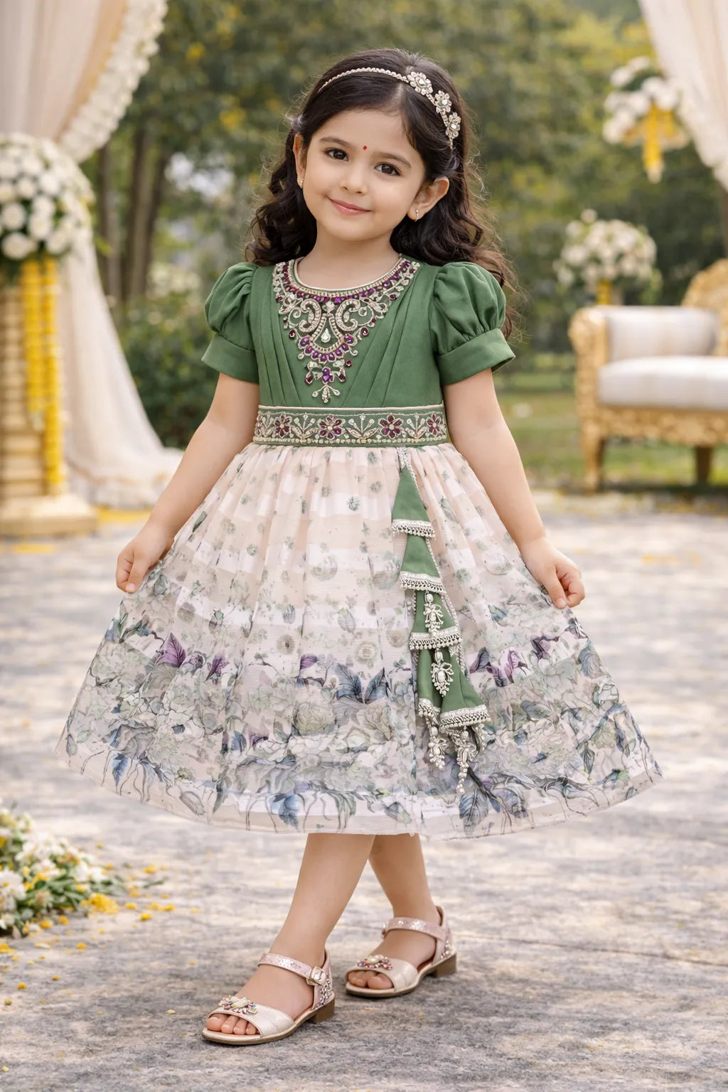 Girls Ethnic Party Wear Dress with Embroidered Bodice & Floral Chiffon Skirt