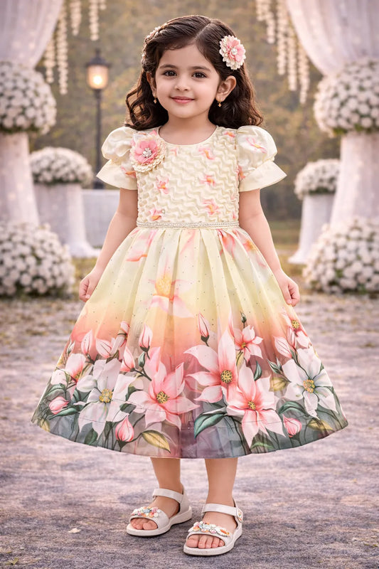 Elegant Kids Floral Party Dress - Satin Puff Sleeves