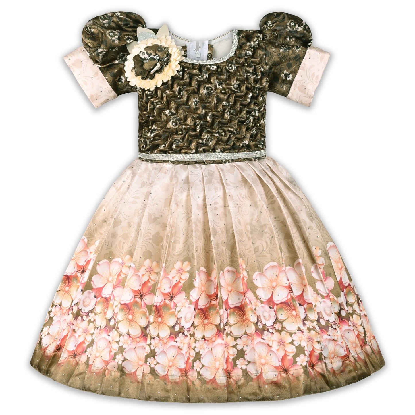Elegant Kids Floral Party Dress – Satin Fabric | Puff Sleeves | Designer Occasion Wear