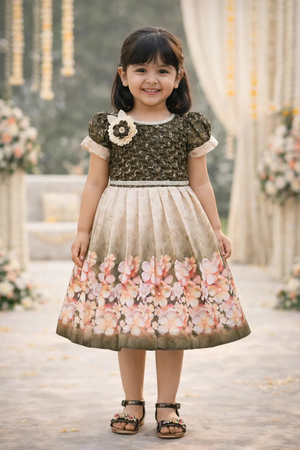 Elegant Kids Floral Party Dress – Satin Fabric | Puff Sleeves | Designer Occasion Wear