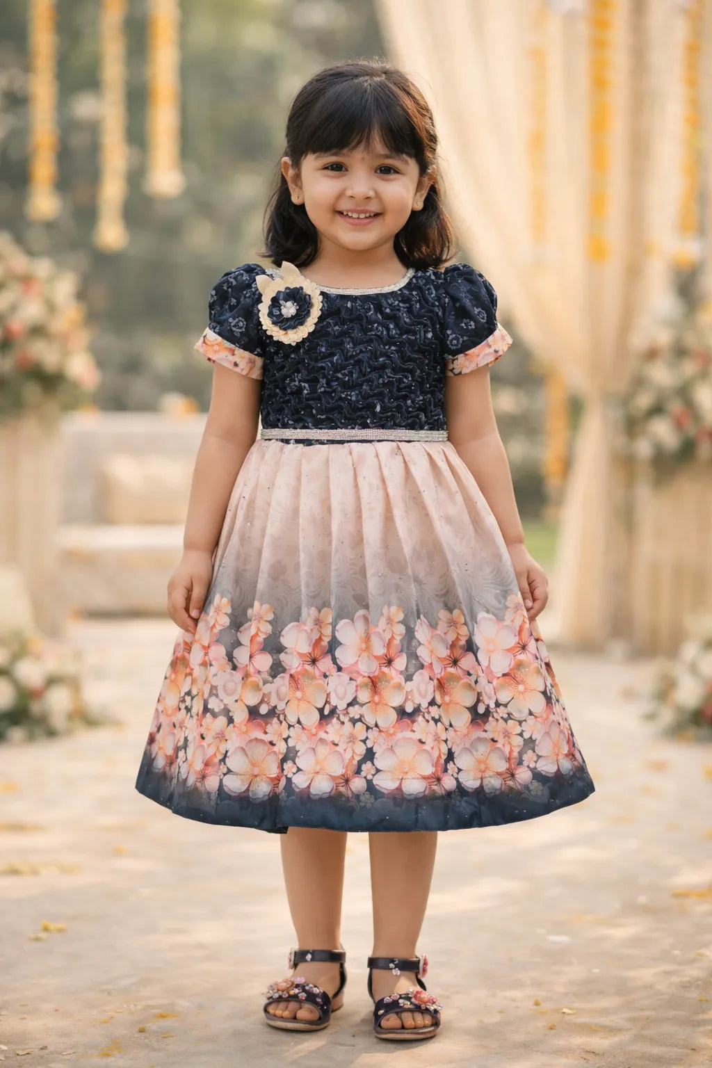 Elegant Kids Floral Party Dress – Satin Fabric | Puff Sleeves | Designer Occasion Wear
