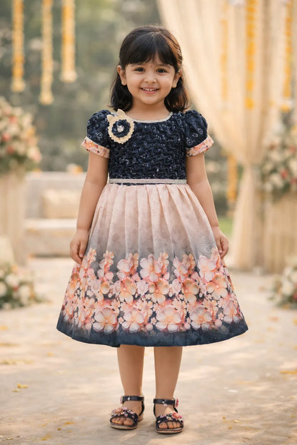 Elegant Kids Floral Party Dress – Satin Fabric | Puff Sleeves | Designer Occasion Wear
