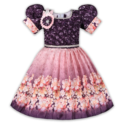 Elegant Kids Floral Party Dress – Satin Fabric | Puff Sleeves | Designer Occasion Wear