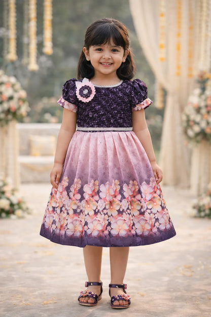 Elegant Kids Floral Party Dress – Satin Fabric | Puff Sleeves | Designer Occasion Wear