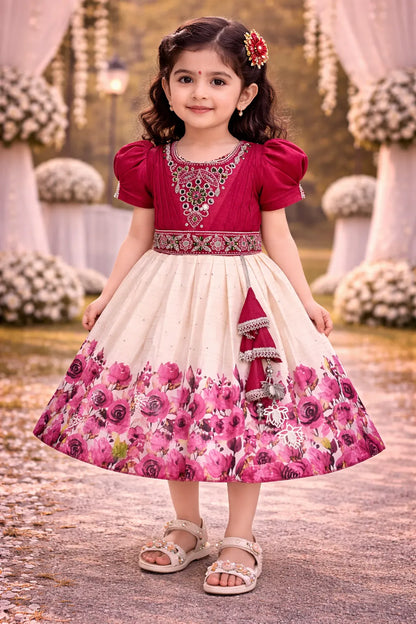 Elegant Kids Party Dress – Satin Fabric | Embroidered Bodice | Floral Print Occasion Wear