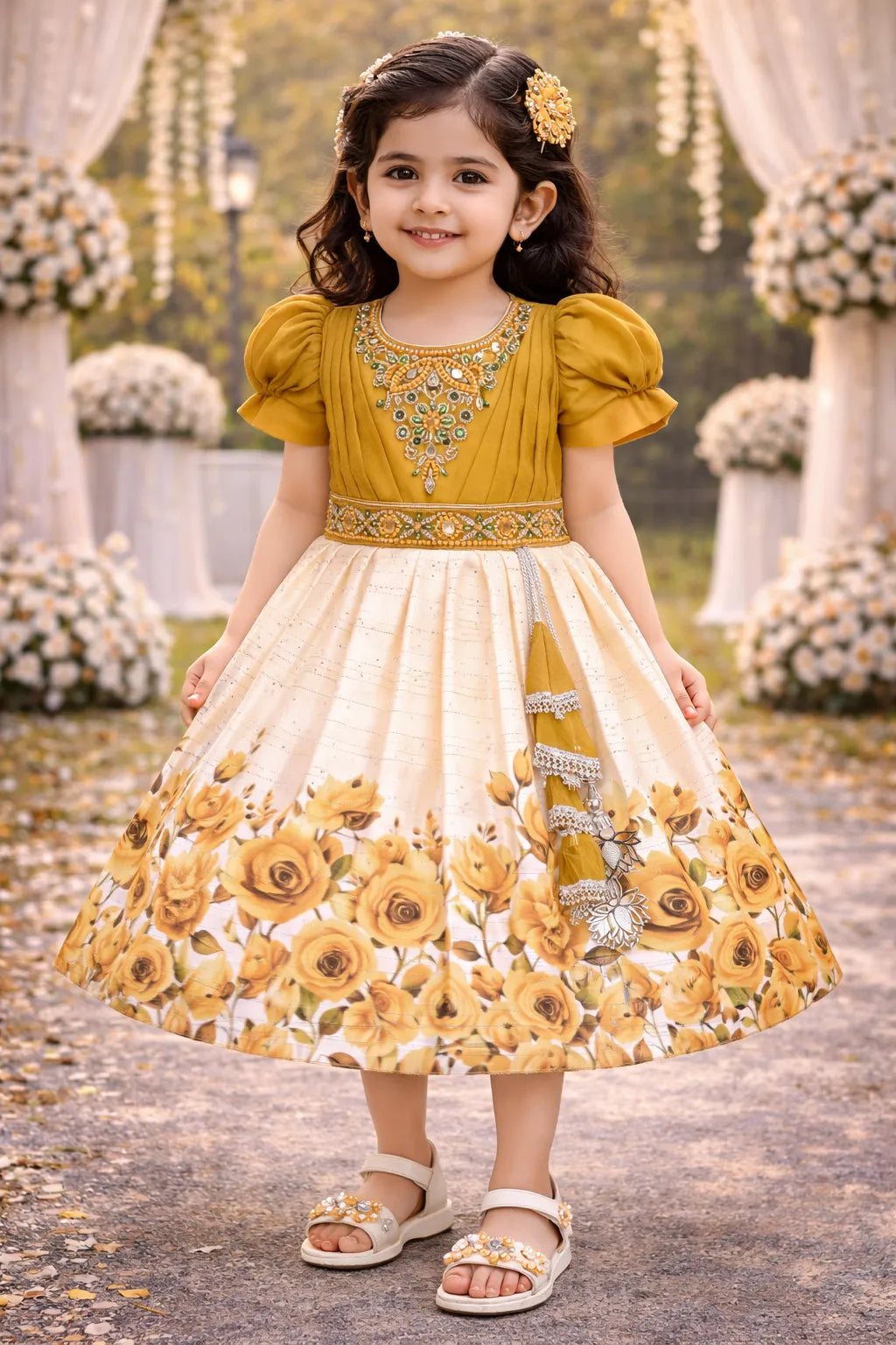 Elegant Kids Party Dress – Satin Fabric | Embroidered Bodice | Floral Print Occasion Wear
