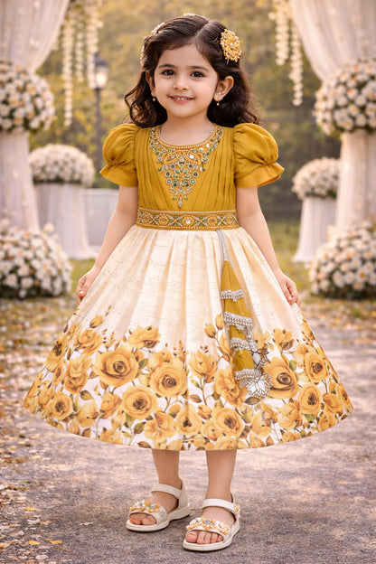 Elegant Kids Party Dress – Satin Fabric | Embroidered Bodice | Floral Print Occasion Wear