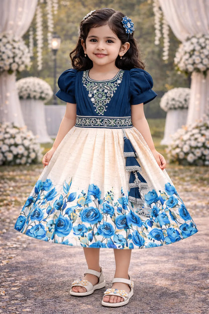 Elegant Kids Party Dress – Satin Fabric | Embroidered Bodice | Floral Print Occasion Wear