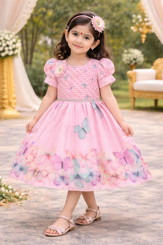 Elegant Kids Butterfly Party Dress - Satin Puff Sleeves