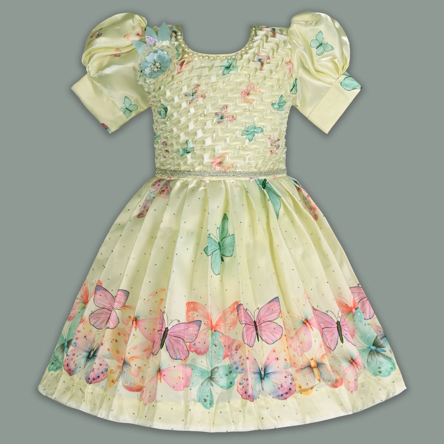 Elegant Kids Butterfly Party Dress – Satin Fabric | Puff Sleeves | Floral Applique Occasion Wear