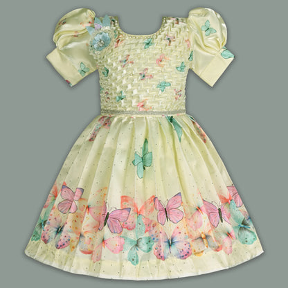 Elegant Kids Butterfly Party Dress – Satin Fabric | Puff Sleeves | Floral Applique Occasion Wear